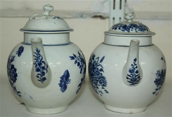 Two Worcester blue and white globular teapots and covers, c.1775-80, height 5.5in.